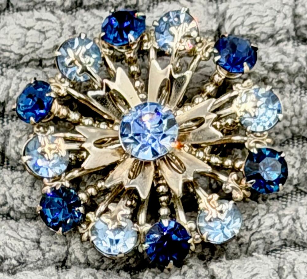 Vintage CORO Mid-Century Atomic Starburst Tiered Blue Rhinestone Brooch Pin